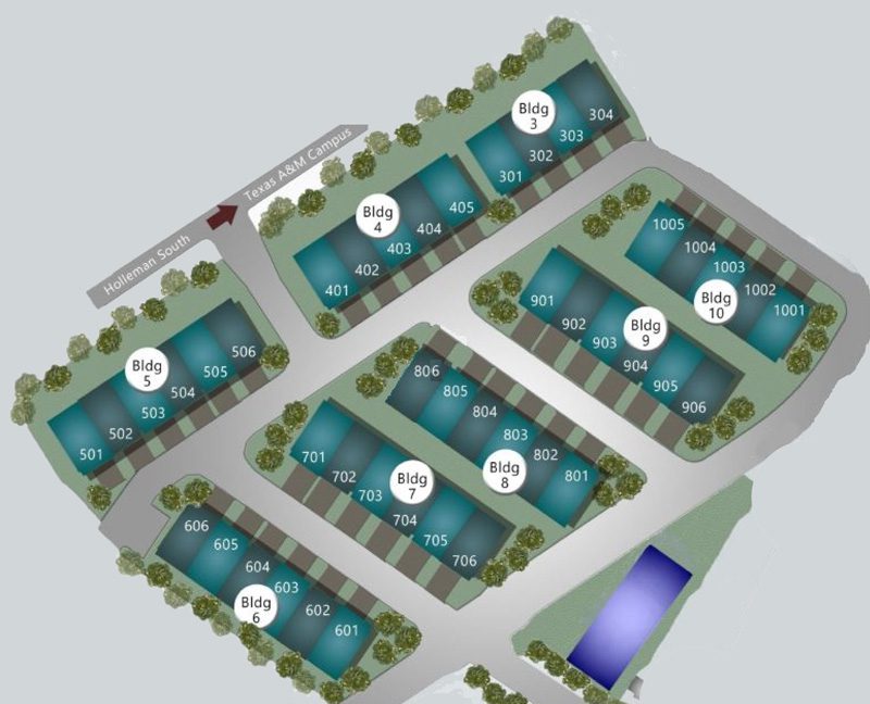 The Urban site plan showing townhome positions, pool location, and community entrances