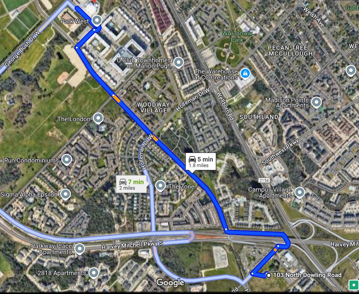 Route map: The Urban to Brookshire Brothers development in 4 minutes