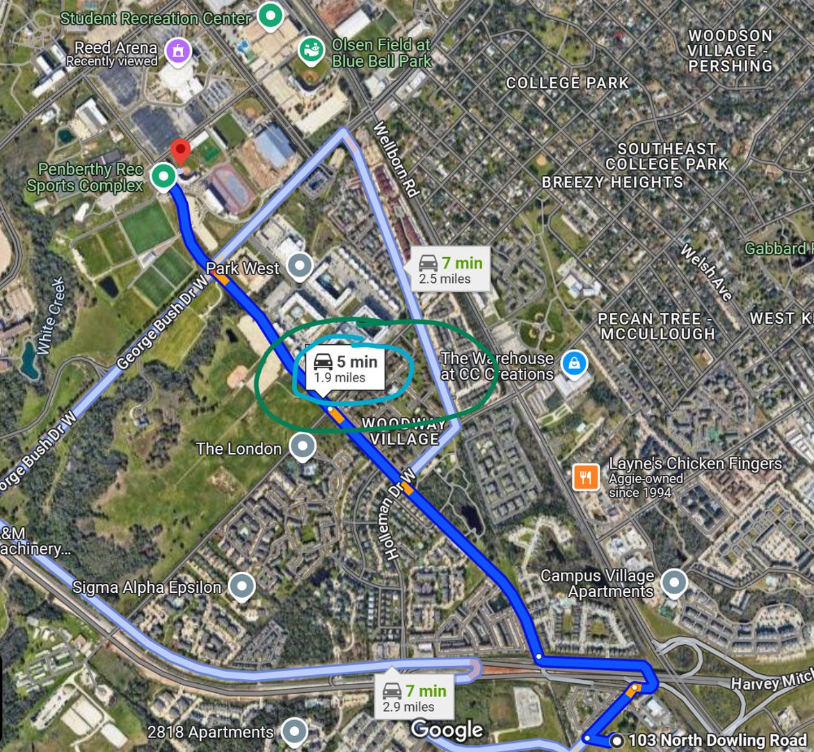 Route map: The Urban to Texas A&M southwest campus in 5 minutes