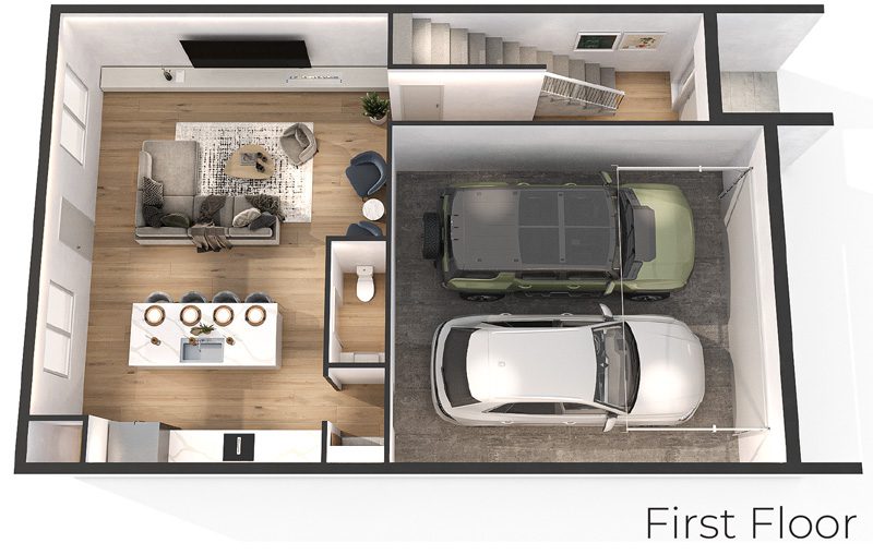 First floor plan: open kitchen and living, bedroom suite, half bath, oversized 2-car garage