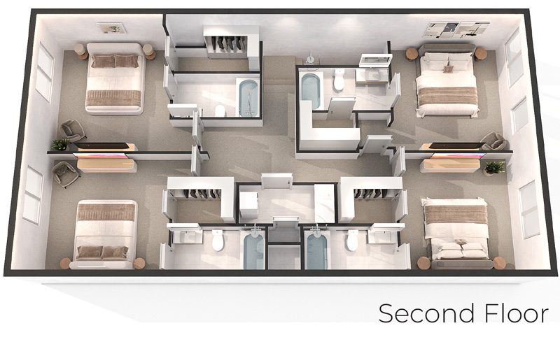 Second floor plan: three bedroom suites and full laundry room