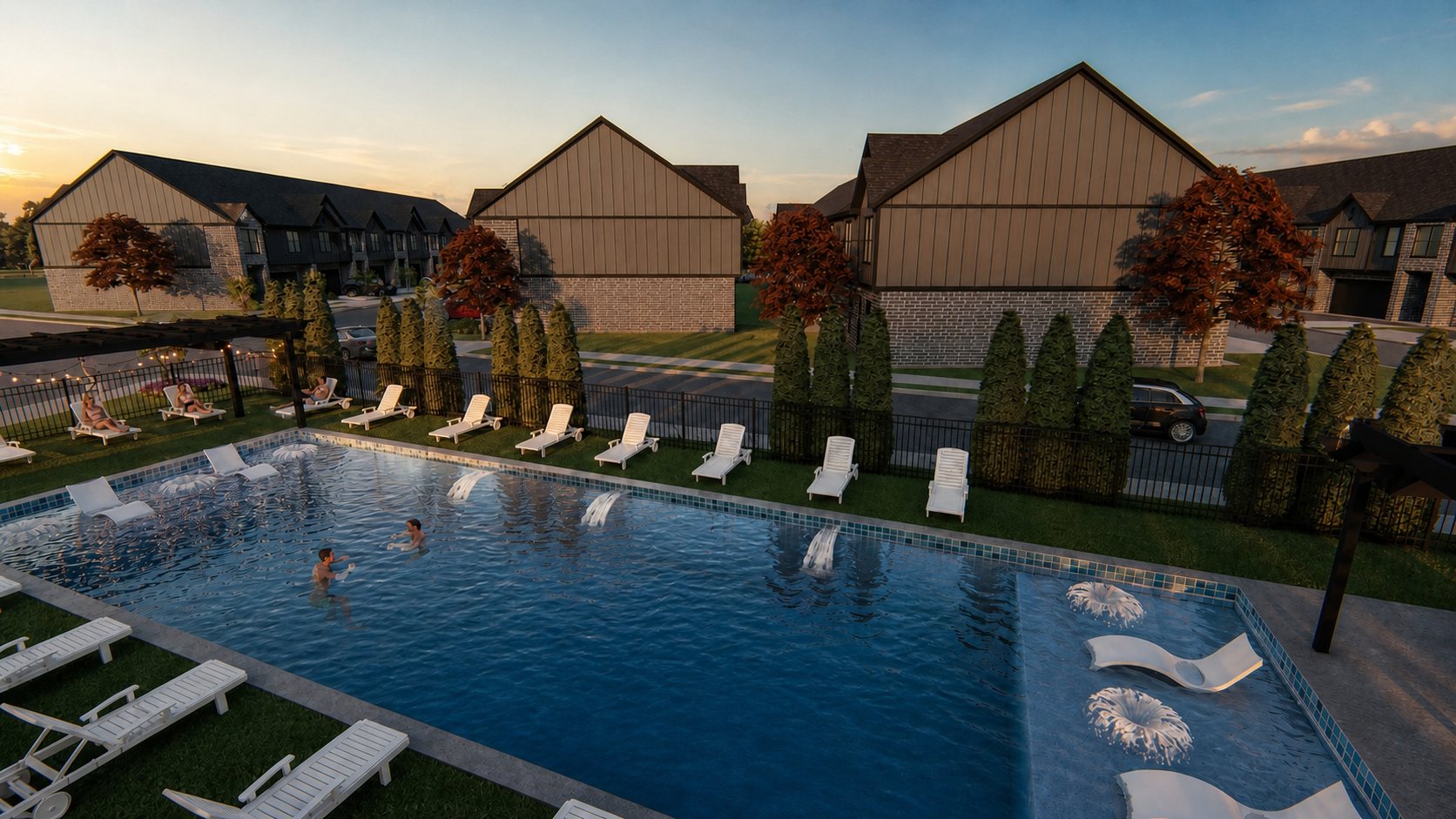 Resort-style pool at golden hour with loungers and fountains at The Urban (conceptual rendering)